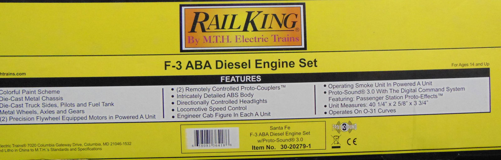 MTH RailKing 20-20279-1 SF F3 ABA Diesels: Nice O gauge dual motor diesels equipped with ProtoSounds 3.0. They show light runtime with set box.