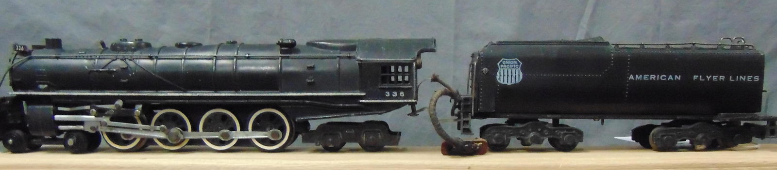 Clean American Flyer 336 UP Northern: S Gauge. Clean 4-8-4 with nice lettering and rods, some touch-op to stripe. It shows light playwear. From the Frank Pisani Collection.