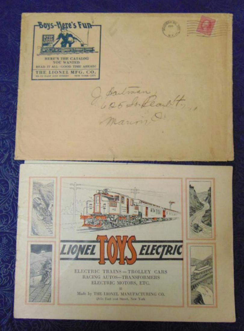 Scarce Lionel 1916 Consumer Catalog & Envelope: 1st we have seen and Nice example! It is complete with color center spread of the 42 passenger set over a bridge. It shows light use with scarce mailing envelope. 105 year old survivor!