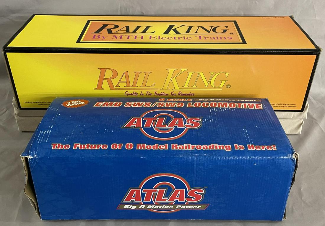Modern SW8 & SW9 Diesels: Includes an MTH RailKing 30-2149-1 PRR SW9 equipped with ProtoSounds; Atlas 6105-1 NYC SW8 Diesel. They show light runtime with boxes, Atlas box is shop worn.