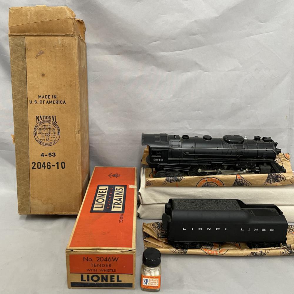Nice Boxed Lionel 2046 Steam Loco: Nice example with bright rods, SP pellets and wrap; matching 2046W tender with wrap. They show light playwear with nice boxes.