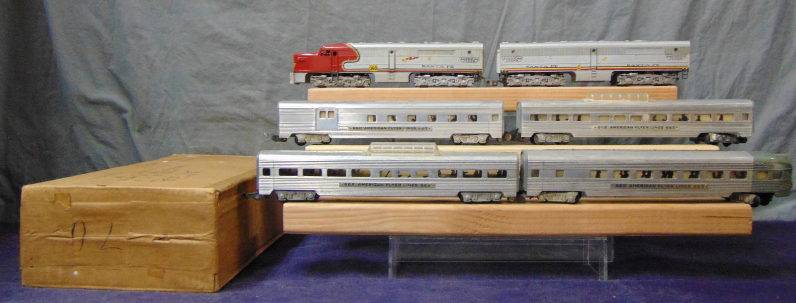 6Pc American Flyer 360 Diesel Passenger Set: S Gauge. Includes a 360 & 361 PA AB Diesels, decal 90% with boxes, wraps and unusual master carton; 660 Combine; 2 #662 Vista-domes; 663 Observation. All show light to moderate playwear From The Colle