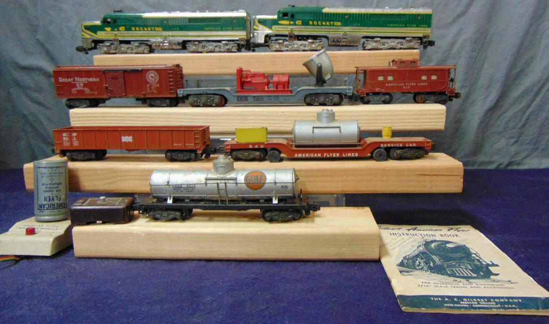American Flyer (K5363W) Rocket Freight Set: S Gauge.Circa 1955. Includes 474 & 475 Rocket PA Alco AA Diesels, chrome versions, a few black spots, but better than most; 925 Gulf tank car; 948 Track Cleaner; 941 Frisco gondola; 946 Searchlight; 9