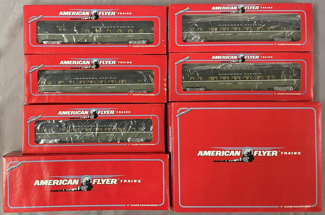 American Flyer Lionel NP Passenger Set: S Gauge. Includes 48114 PA AA Diesels; 48116 B-Unit; 48920 through 48922 Passenger Cars. All appear like new with boxes.