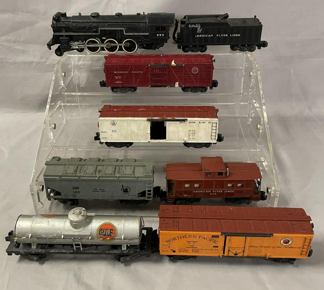 American Flyer 293 Set (K5329): S Gauge, 1953. Includes a 293 C&NW Pacific with light, smoke & Choo-Choo; 933 B&O Boxcar, missing 1 door and guides; 929 MP Stock car; 924 CRP Cement; 925 Gulf Tank; 947 NP Reefer; 930 Caboose, missin