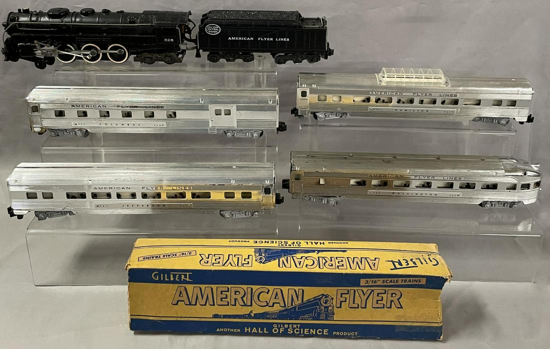 Nice American Flyer 326 Passenger Set(K5351W): S Gauge, Circa 1954. Clean matched set with a 326 NYC Hudson loco with smaller motor; 960 Combine, light flaking; Scarce 961 Coach; 962 Vista-Dome; 663 Observation. Cars have nice chrome finish, all s