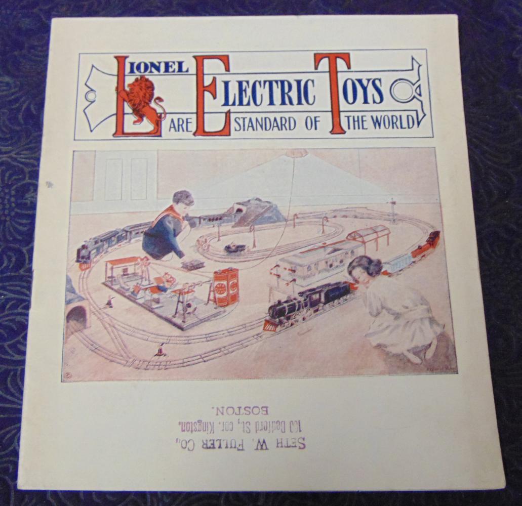 RARE 1913 Lionel Consumer Catalog: WOW, 108 years old! Clean, 2-color catalog shows some great Lionel pieces includes trolleys, 6 with knobby 190 cars, 6-wheel 33 with ribbed cars and more. It is clean with Seth Fuller Co, Boston stamp