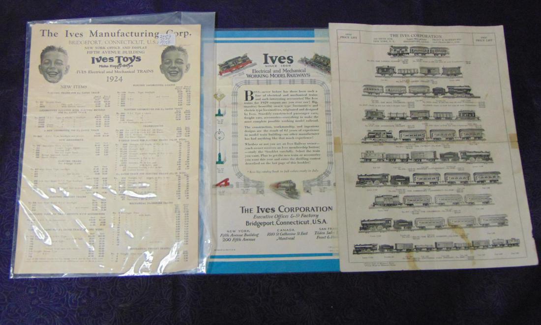 3 Ives Trains Brochures: includes a 1924 11X14” price sheet; 1929 Transition color 4pg large format catalog, missing staples; 1930 Transition illustrated black & white catalog. All show normal wear from use. Shows great set