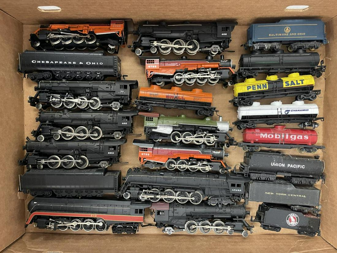 Large Group HO Steam Locos & Cars: Assorted miss-matched locos with a few tenders, many are Riva-Rossi with several freight cars with Kadee couplers. All clean. Examine.