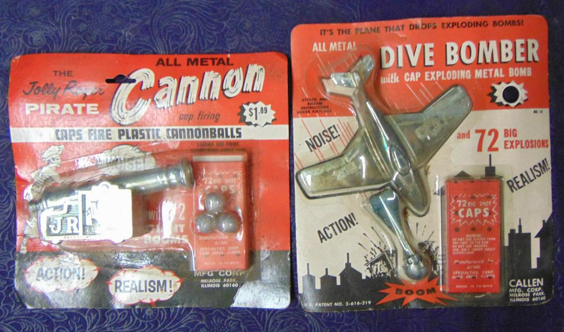 2 Carded Callen Cap Bomb Sets: Includes diecast dive bomber with cap bomb and caps; Jolly Roger Pirate Cannon with cannon balls and caps. Both sealed on dusty cards. Unusual!