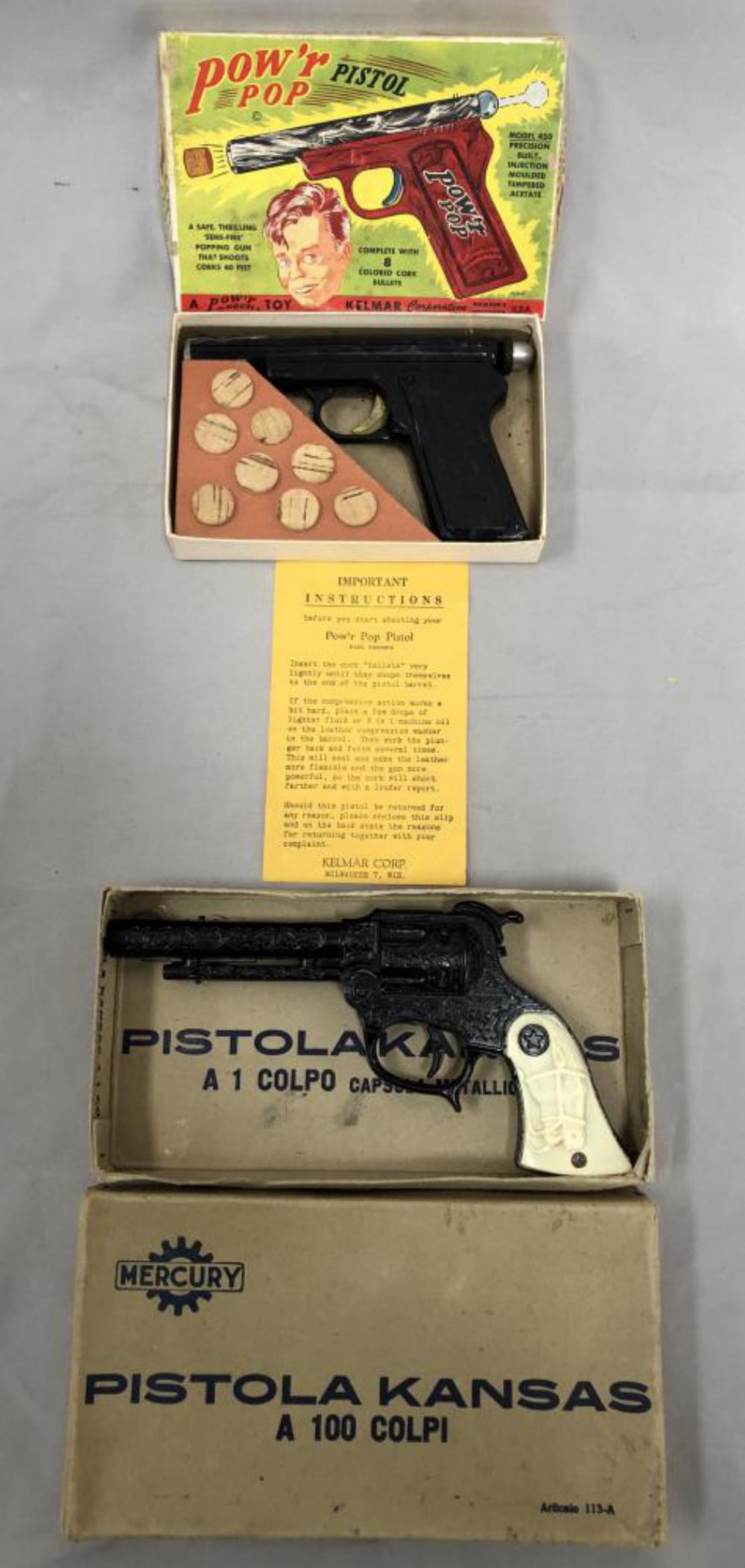 Boxed Mercury & Kelmar Toy Guns: Includes a Mercury 113A Kansas Diecast cap pistol, very nicely made, functional and like new with box; Kelmar Power Pop Pistol cork shooter, NMINT with display insert and instructions.