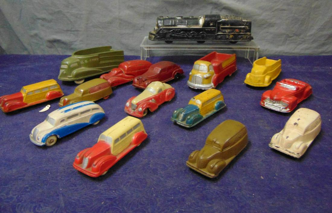 15 Assorted Rubber Vehicles: Most are Marked Sun Rubber, largest is 9” long. Most are in nice shape. Examine.