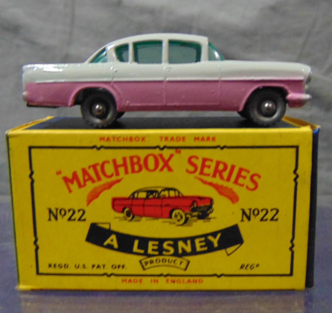 Scarce Boxed Matchbox 22B Vauxhaul Cresta: Nice two-tone example, SPW with green windows. It appears like new with Lesney box.