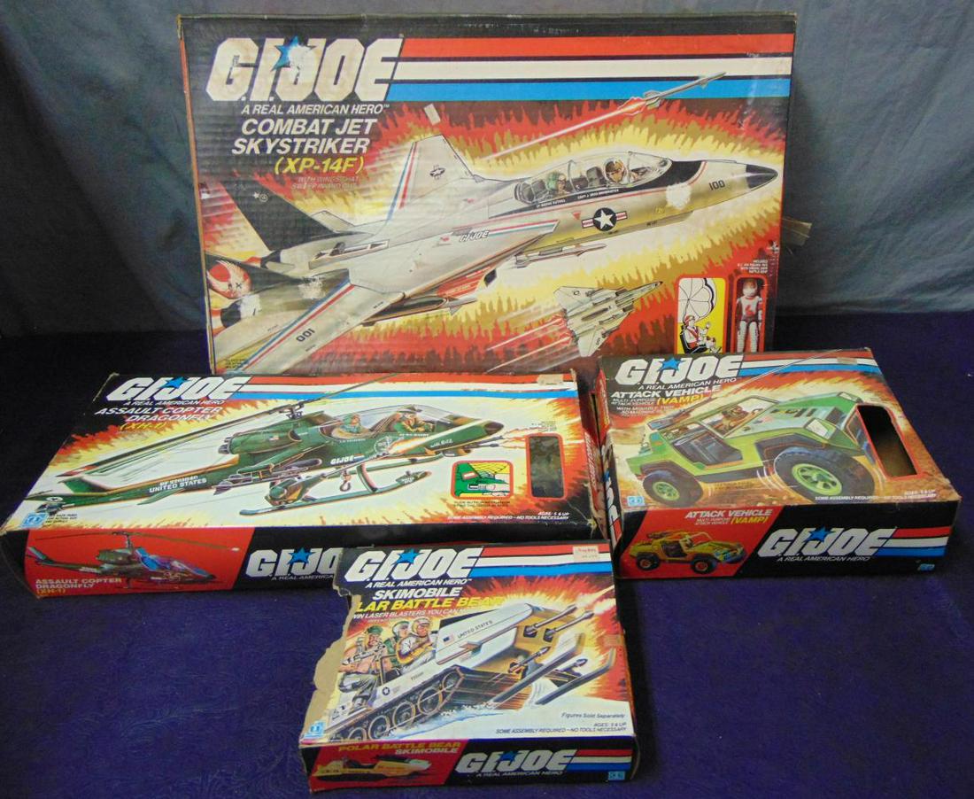 4 Boxed Hasbro GI Joe Toys: Includes a 6010 Combat Jet Skystriker; 6025 Assault Copter dragonfly, includes several figures, some apart; 6072 Polar battle Bear Skimobile; 6050 Attack Vehicle with several pamphlets. All show light