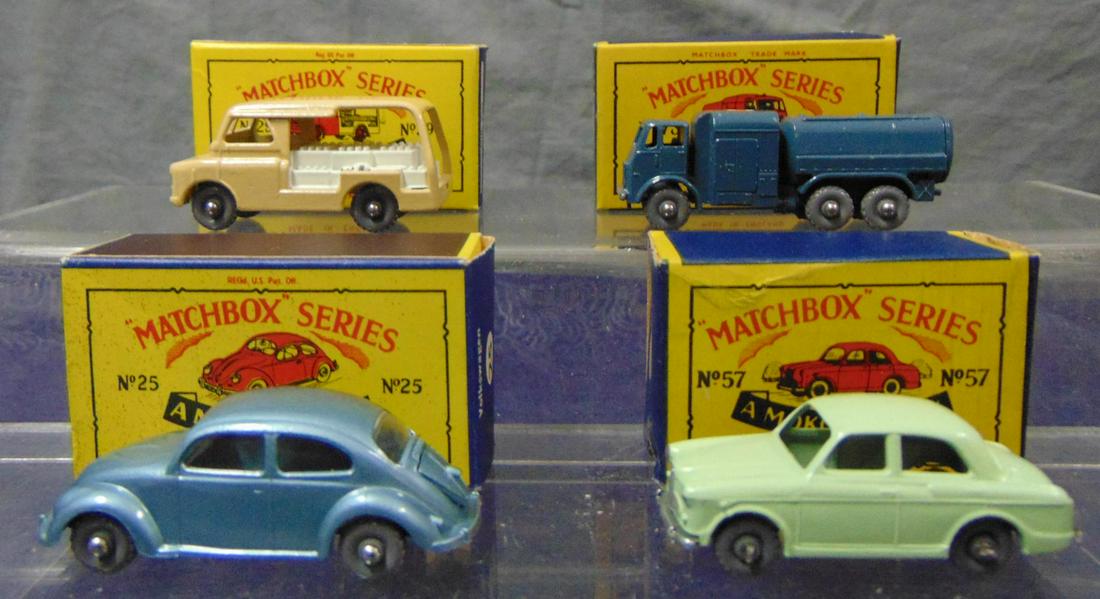 4 Boxed Matchbox GPWs: Includes a 29A Milk Float; 25B VW; 57B Woolsey; 73B RAF Refueller. All appear like new with boxes.