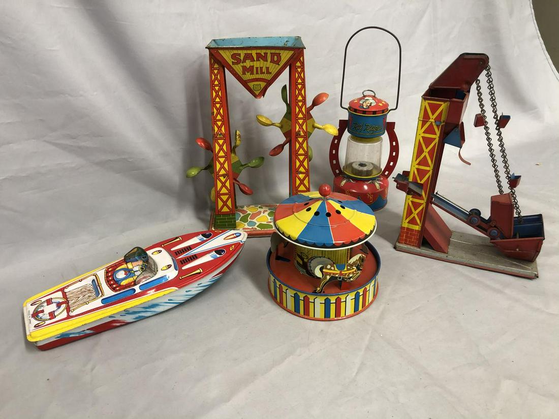 5 Vintage Litho Tin Toys: Includes a T-Cohn Crank Musical Merry-Go-Round, functional; Chein Boat & Sand Mill that shows some wear on base; Ohio Art Roy Rogers Lantern, no mechanism; Wolverine Sandy Andy. Rest show light playwe