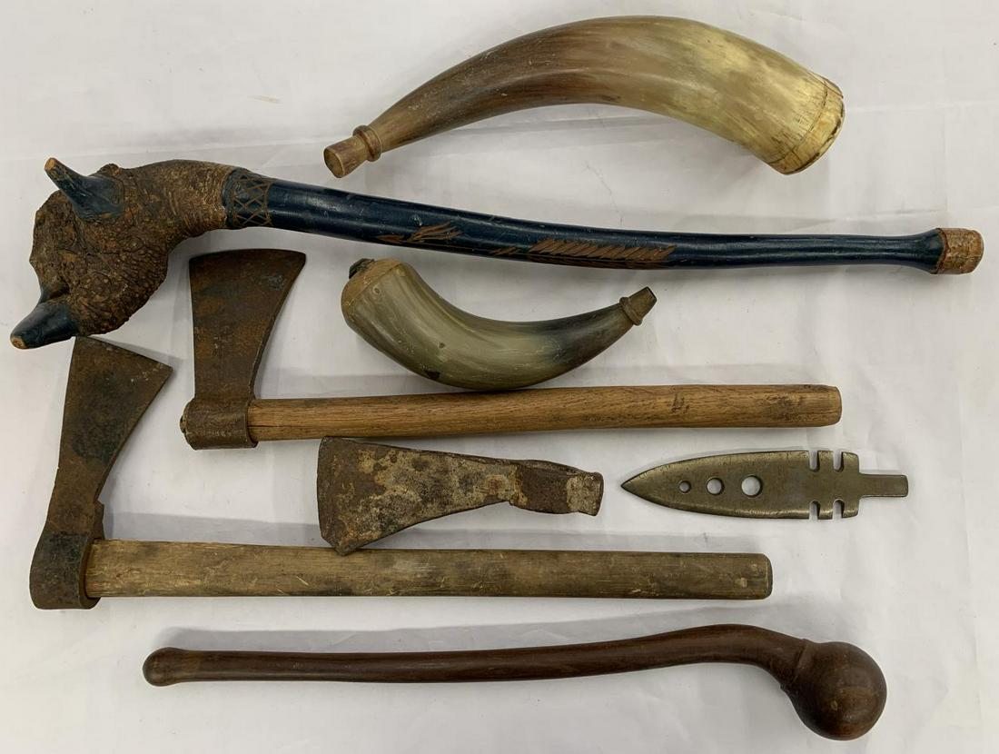 Estate Military Lot.: Includes (2) Tomahawks, (2) Powder Horns, Axe Heads, War Clubs etc.