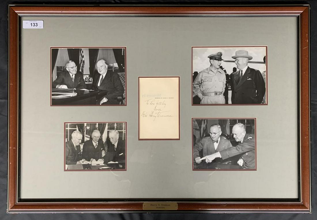 Harry Truman Signed. Book Page.: Harry Truman signed page framed with four photographs of Truman and other high-profile personalities of the period. Piece measures 24" x 35".