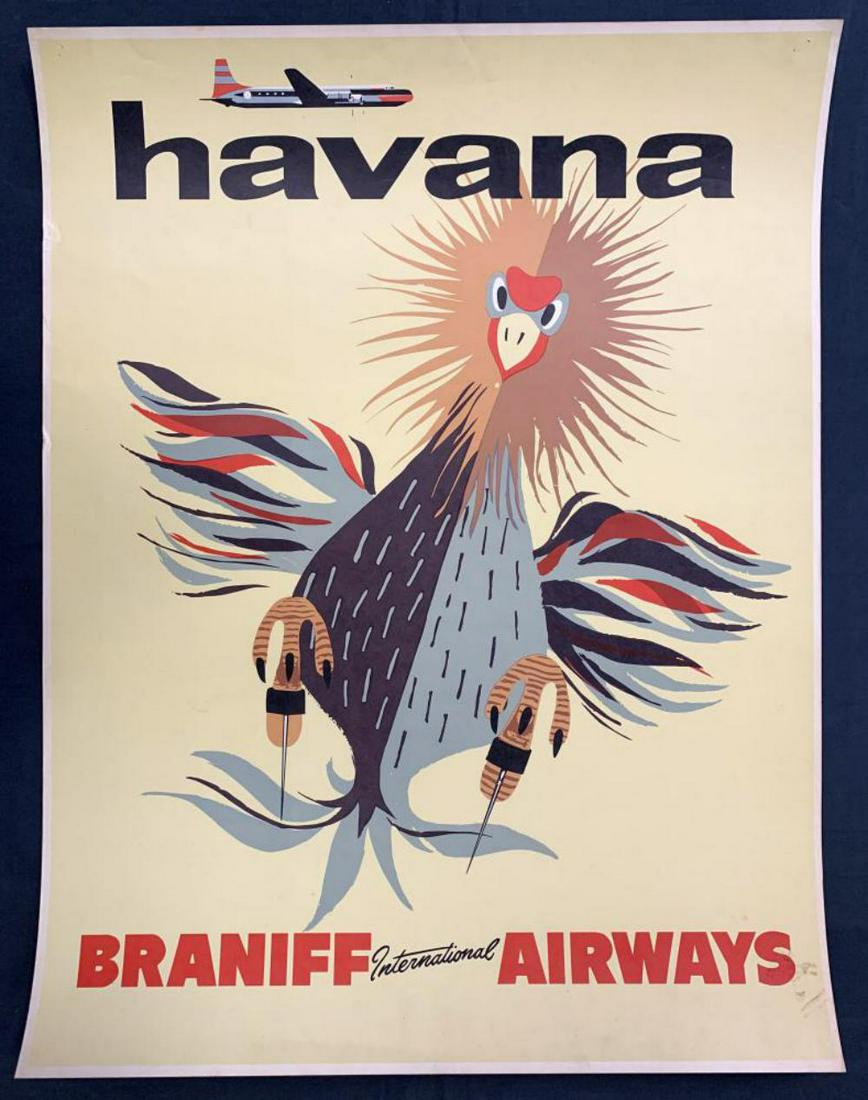 Rare, Havana Braniff International Airways Poster: Circa 1950's, artist unknown. Rare pre-Fidel Castro Cuban travel poster featuring a "Rooster or Fighting Cock". Approx. 20" x 26". Poster is not linen backed. Light edge and corner wear, a few small e
