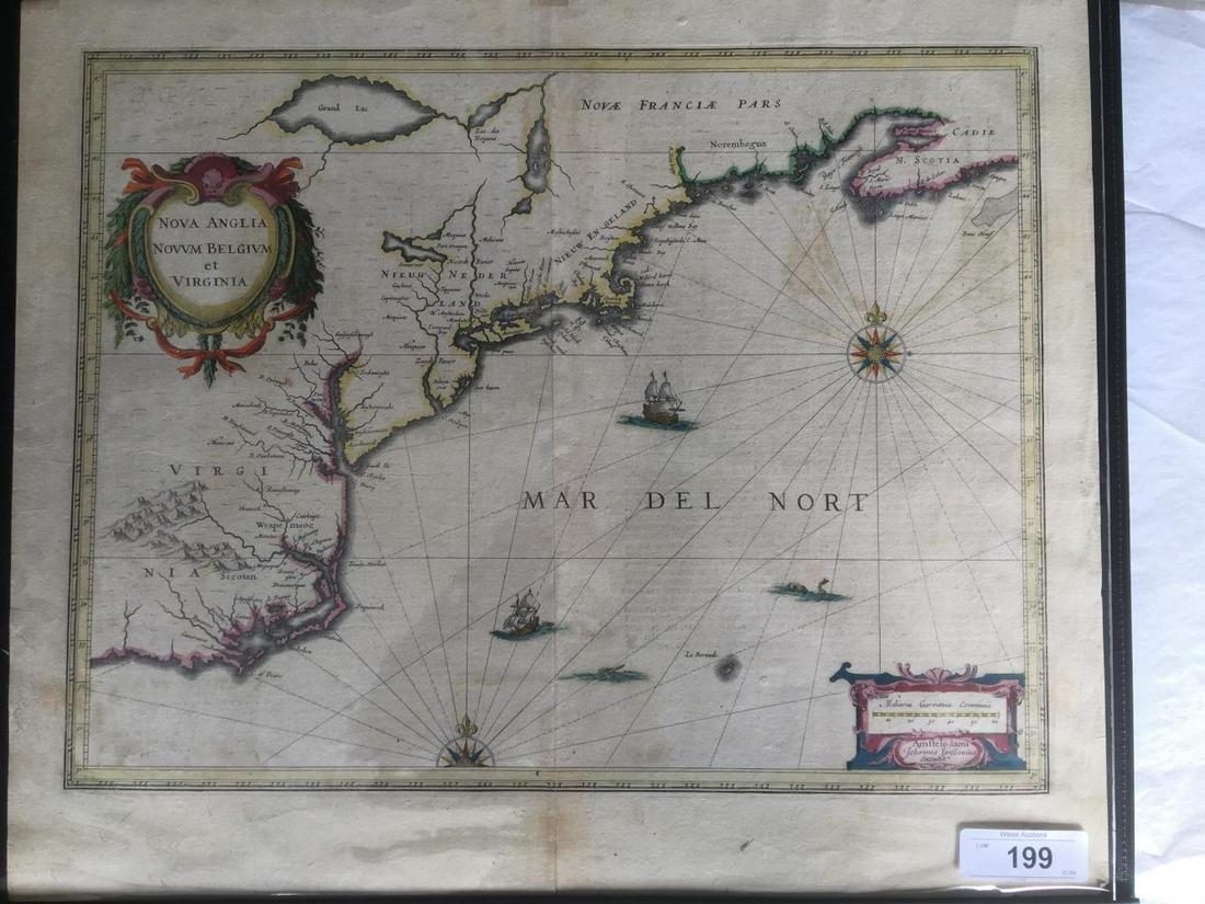 Jansonius Map of North.East. U.S., 1636.: JANSSONIUS, Johannes (1588-1664). Nova Anglia Novum Belgium et Virginia. Engraving with original hand color in part. Amsterdam, 1636 or later. 18 1/2" x 22".