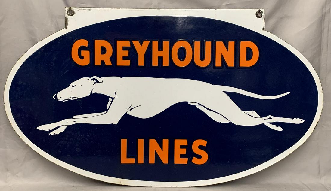 Vtg Greyhound Bus Lines Two Sided Porcelain Sign: Double sided porcelain sign. Approx. 36" x 20-1/2". Surface wear on both sides with scuffs, scratches, fading, etc. Outer edges show some wear with pitting.