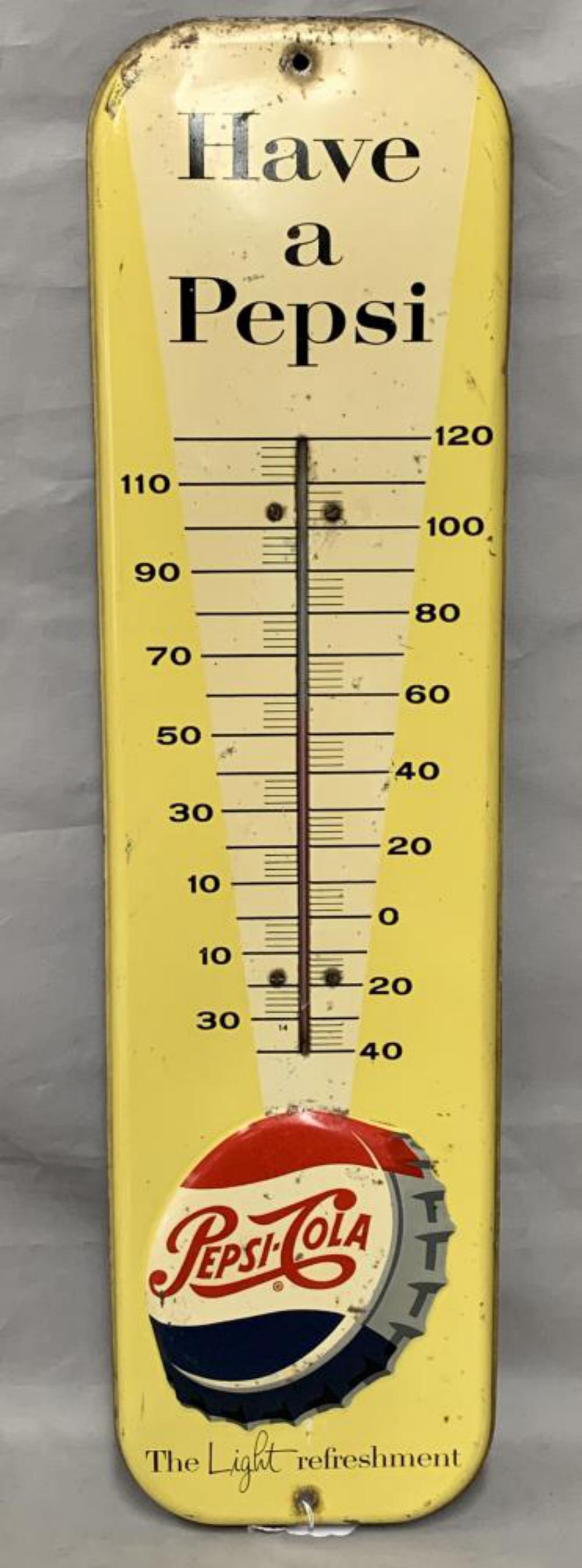 Have a Pepsi, Pepsi Cola Thermometer: Tin lithographed, 1957. Approx. 27" x 7". Features embossed "Pepsi-Cola" bottle top. Appears to be working. Some surface wear with scuffs and scratches, light rust.
