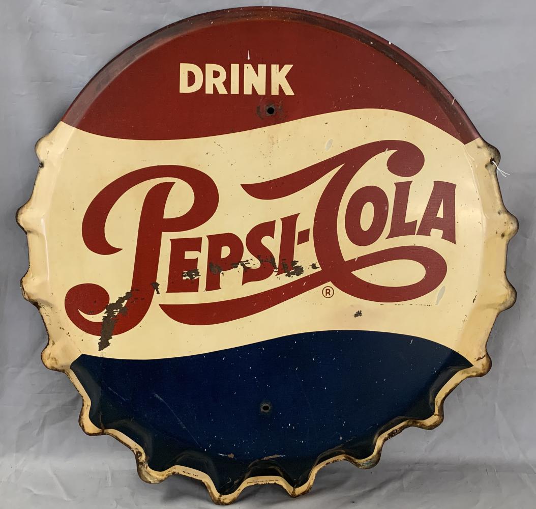30" Drink Pepsi Cola Bottle Cap Sign: Tin lithographed, 1963. Stout sign co. Approx. 30" diameter. Heavy surface wear throughout with scuffing, scratches, etc.