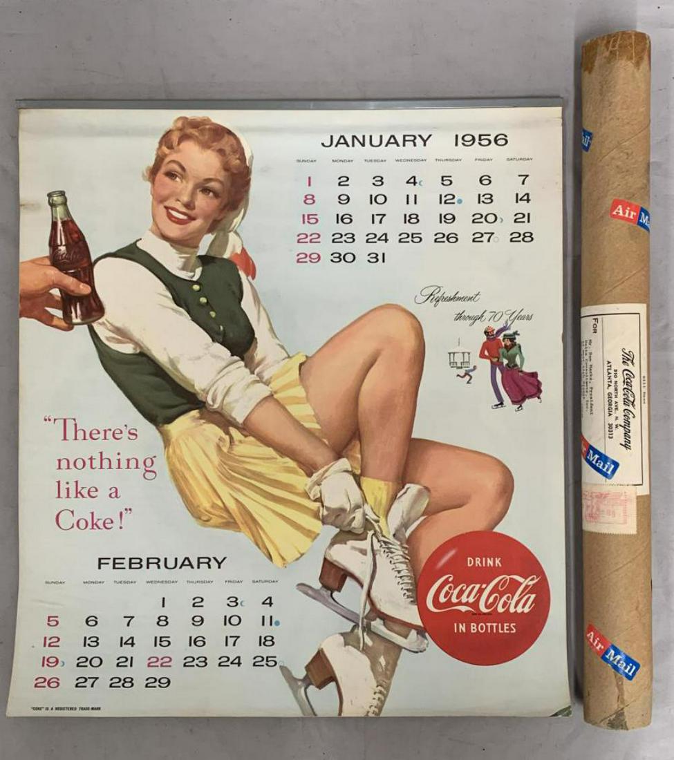 1956 Coca Cola Calendar Complete with Mailing Tube: Original, 1956 complete and never hung, Coca Cola calendar with original mailing tube. Pages show light edge and corner wear, first few pages are lightly torn at lower corner,