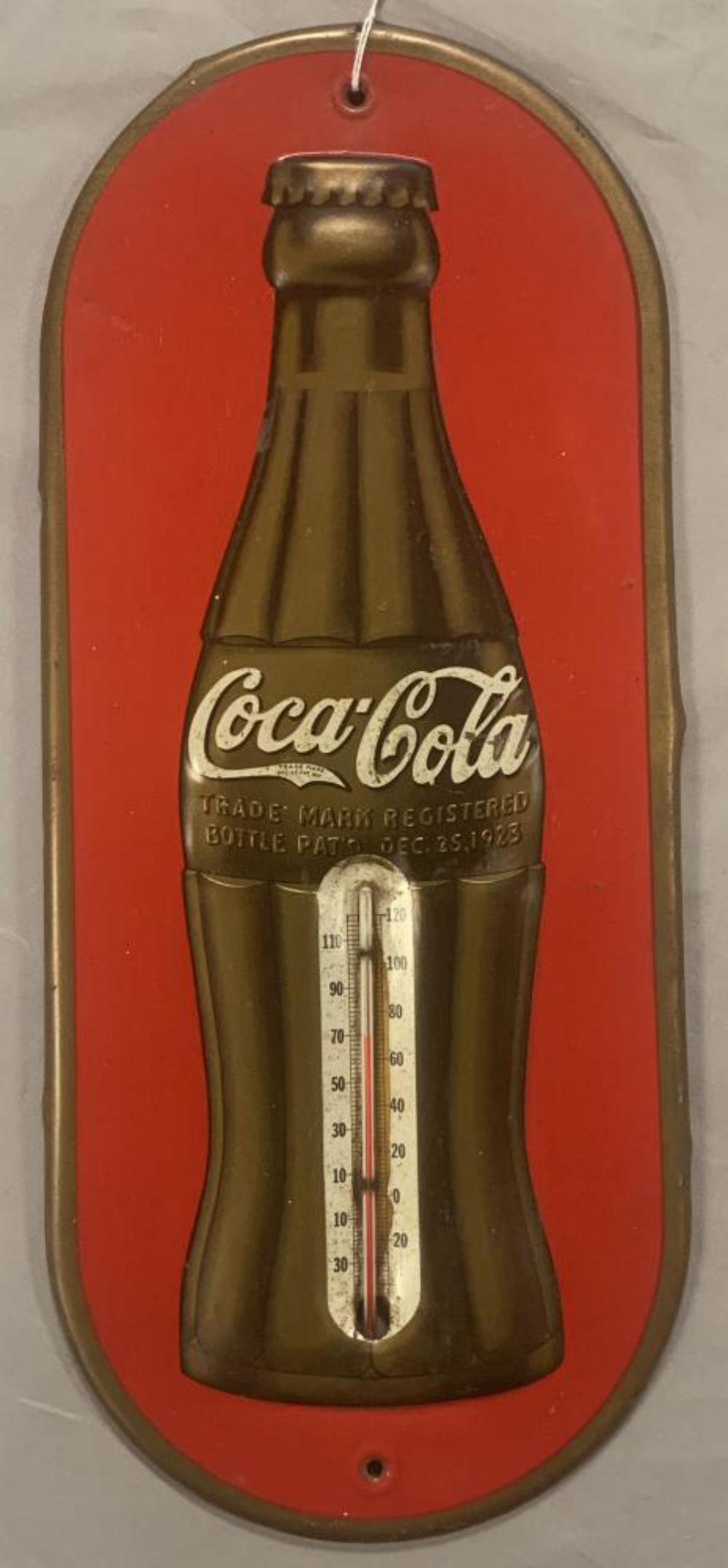 Small Coca Cola Bottle Advertising Thermometer: Overall approx. 16" x 6-3/4". Appears to be in working condition. Surface wear throughout with scuffs and scratches and a few light dings/dents.