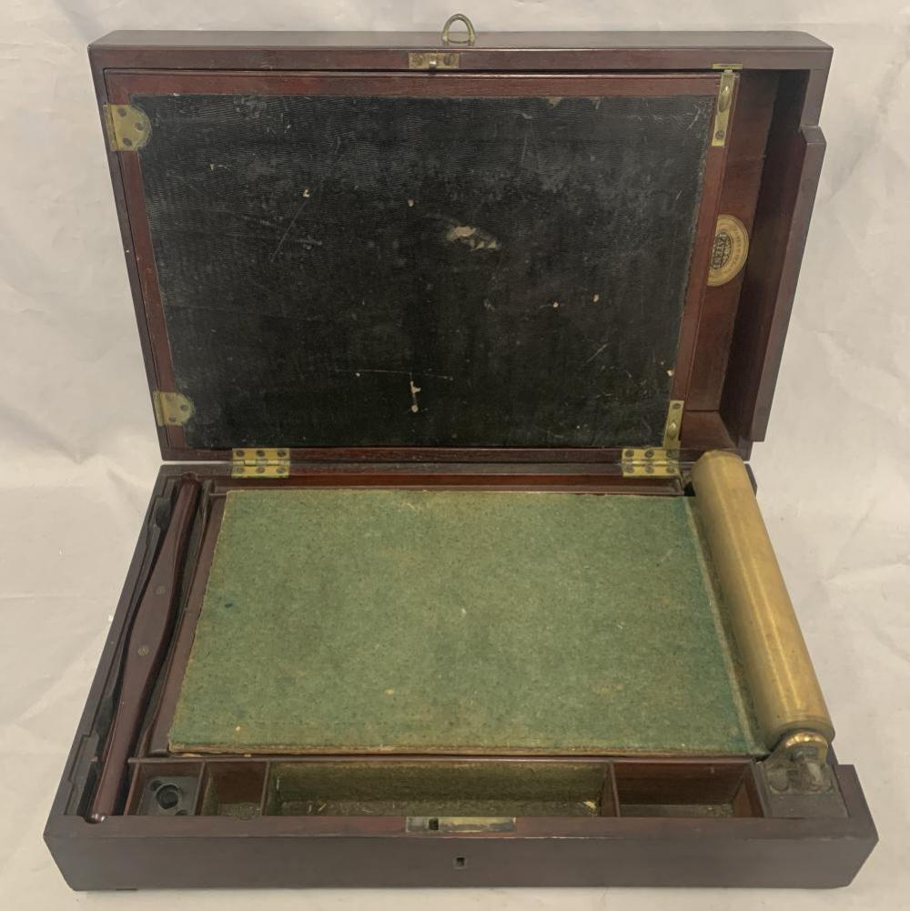 Portable Copying Machine by James Watt & Co.: Mahogany Case. Single Roller. Patent Label Present. See images for details.