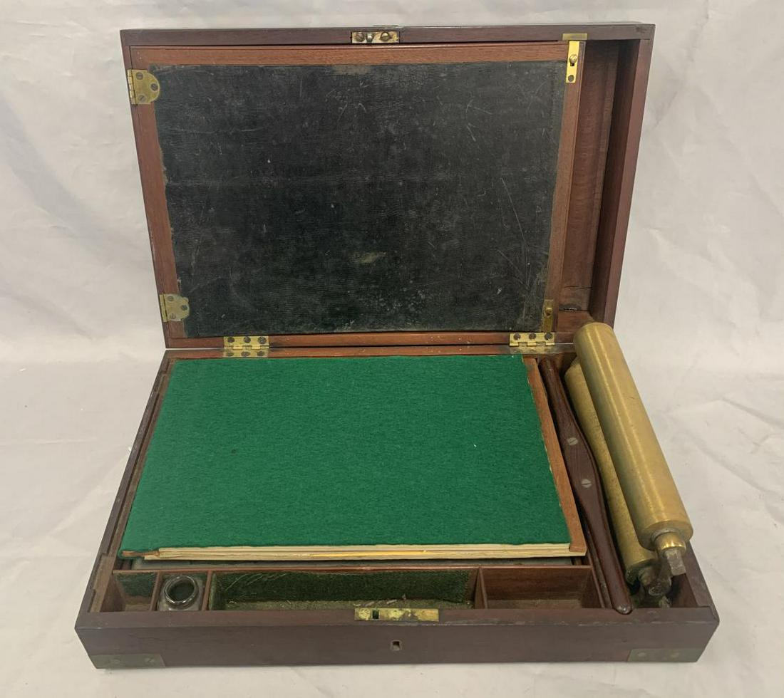 Portable Copying Machine by James Watt & Co.: Mahogany Case. Double Roller. Silver Patent Label Present. Glass ink Bottle. See images for details.