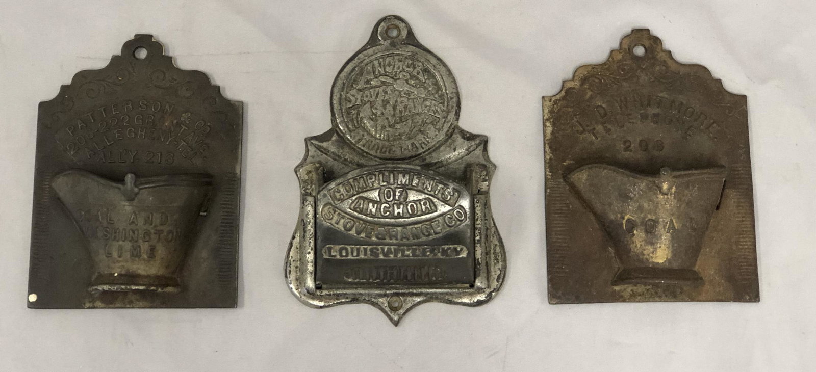 Group of Three Wall Match Safes.: Two Coal Buckets and Anchor Stove Holder.