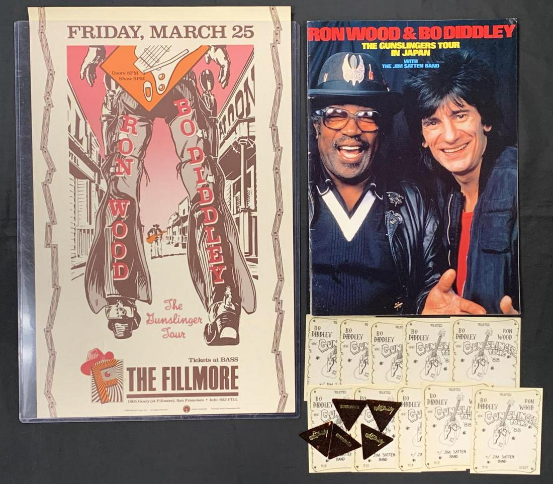 Ron Wood & Bo Diddley Gunslingers Tour Items: Ron Wood (Rolling Stones) & Bo Diddley Gunslingers Tour Items, (1) Fillmore West Concert Poster, March 25, 1988, "Gunslingers" tour, 12.5" x 19.75," mint condition, (1) "Gunslingers Japan Tour" book, 