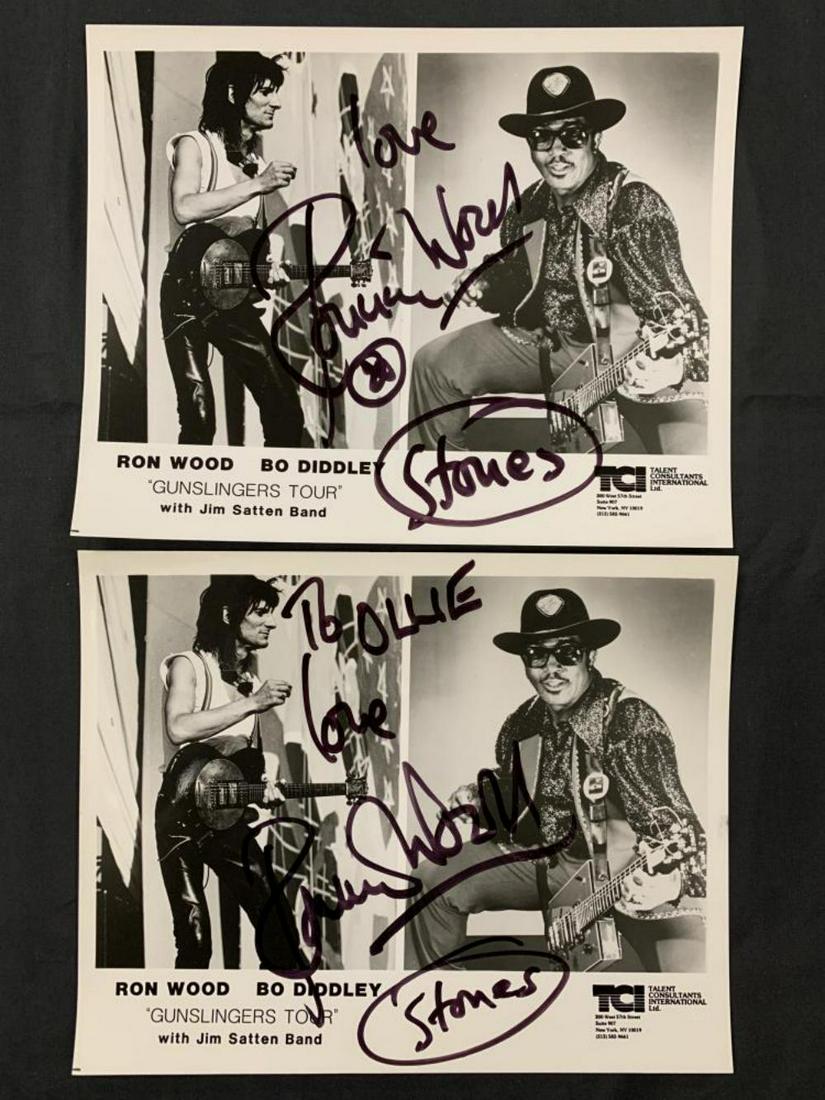 Ron Wood Signed Photos Gunslingers Tour: Ron Wood Signed Photos, signed in person, "Gunslingers" Tour 8x10 b&w glossy photos, 1988, 1) "To Ollie, Love Ronnie Wood, (Stones)" 2) "Love Ronnie Wood, (Stones)," excellent condition, from Bo Diddl