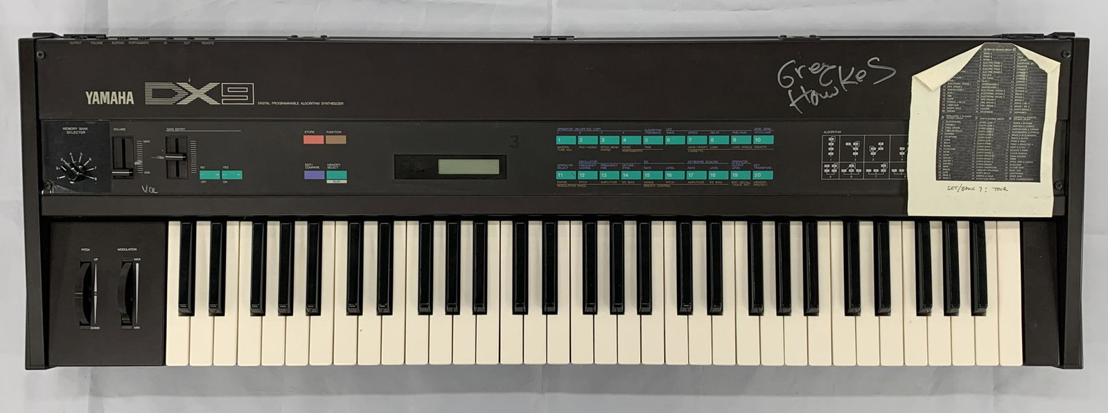 Greg Hawkes The Cars Signed Yamaha DX9 Synthesizer: Greg Hawkes of The Cars Signed Yamaha DX9 Programmable Algorithm FM Synthesizer, 61 keys, Made in Japan, 1983, owned and used on Tour and on Recordings, signed in person, from the collection of The Ca