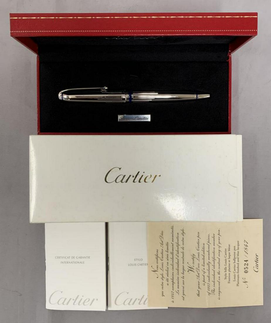 Cartier Art Deco Limited Edition Ballpoint Pen: Platinum finish and blue lacquer. Never used in original box complete. No. 0524/1847