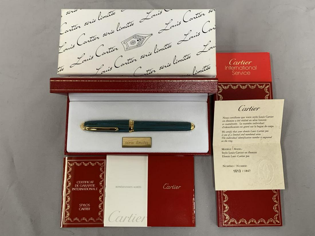 Cartier Ebonite Vert Limited Ed. Fountain Pen: Never used in box complete. NIb marked 18K 750. No.1613/1847