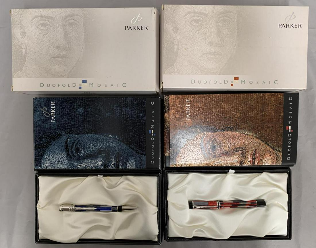 Parker Lot of Two Pens.: Includes Duofold Mosaic Red and Mosaic Blue. Both Rollerball Pens in original boxes unused and complete.