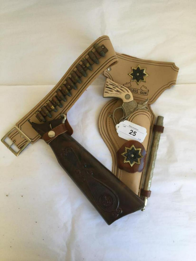 Restless Gun Holster and Converting Pistol.: Cap Pistol with Rifle Butt and Extending Barrel Attachment. Holster has a Tin Star attached.