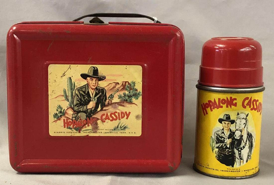 Hopalong Cassidy Lunchbox and Thermos.: Red Metal with Red Top Thermos.