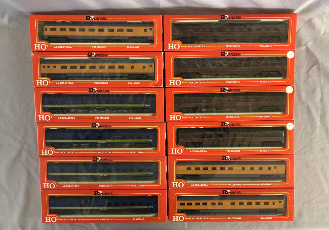 12 RivaRossi HO Passenger Cars: Includes 4 different VIA; 4 Different UP & 4 Different PRR, all new in boxes.