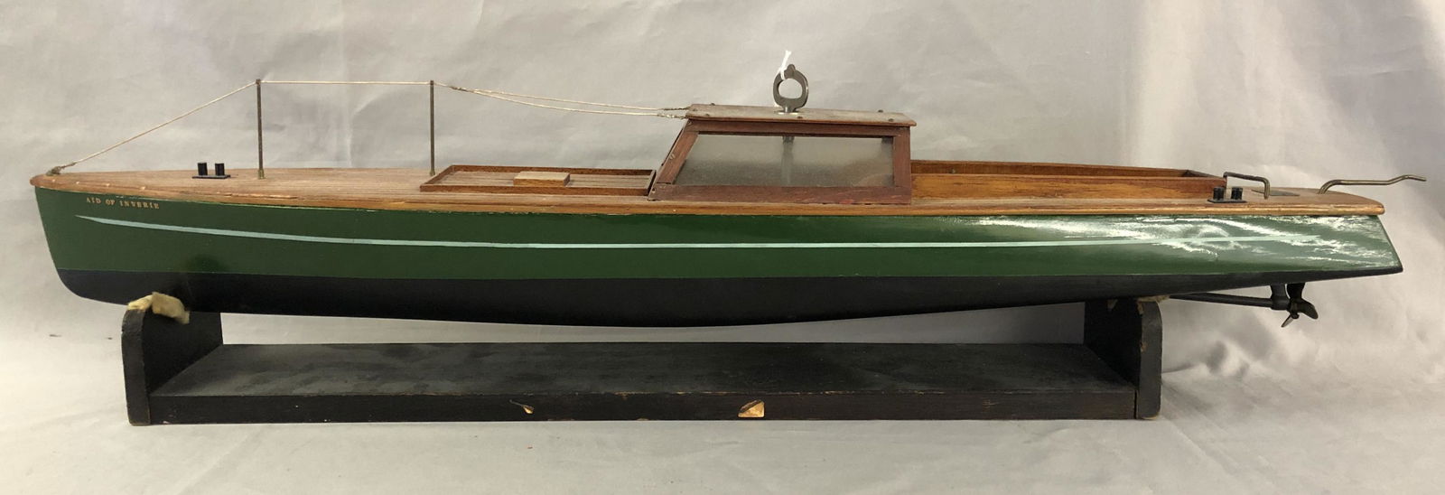 Large Bassett-Lowke Maid Of Inverie Yacht: Beautiful wood model, 27” long. It has a functional clockwork mechanism with key, that needs lubrication. It has a fitted stand and shows light use with brass plate on stern. Great Example! From the