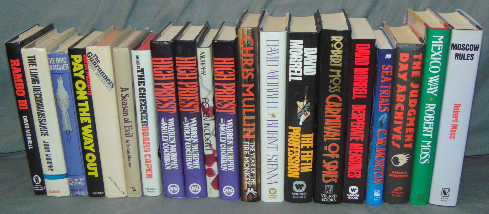 Detective Fiction and Thrillers. Collection.: Lot includes Nineteen Hard Cover First Editions. Authors with the letter "M". Includes David Morrell, Joe Alex Morris, John Murphy, Susan Morrow, Robert Moss, C.W. Morton, Andrei Moscovit, Tom Murphy,