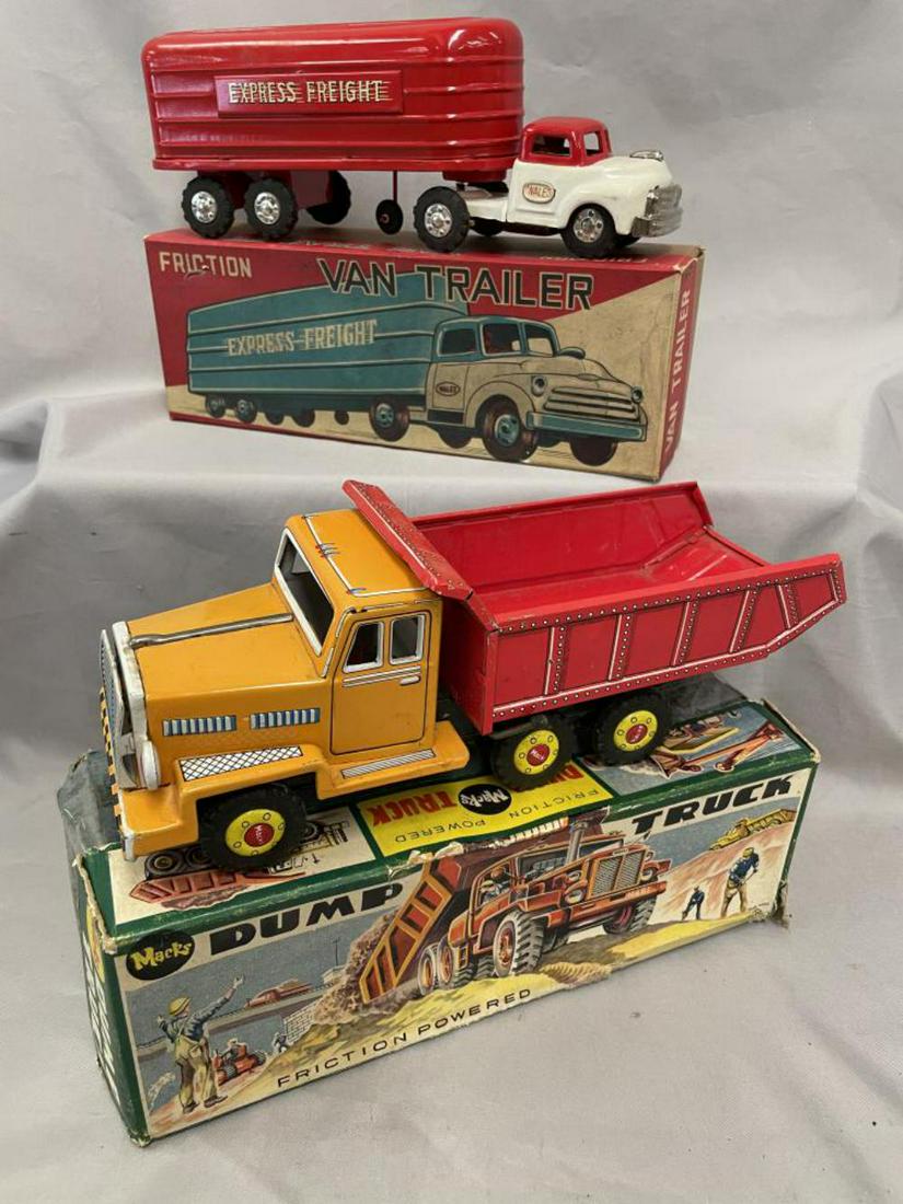 2 Boxed Japanese 11 Inch Tin Trucks: Includes an Alps Macks Dump Trucks; SSS Wales Express Freight Truck. Both are clean & shiny, showing light use with boxes, dump’s is heavily taped.