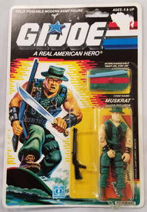 1988 MOC GI Muskrat Figure, 34 Back: Version 1, 34 card back with grey card file, series 7, Hasbro. Mint on card "Muskrat" Swamp Fighter action figure. Figure has never been removed and bubble is well attached to the card with no