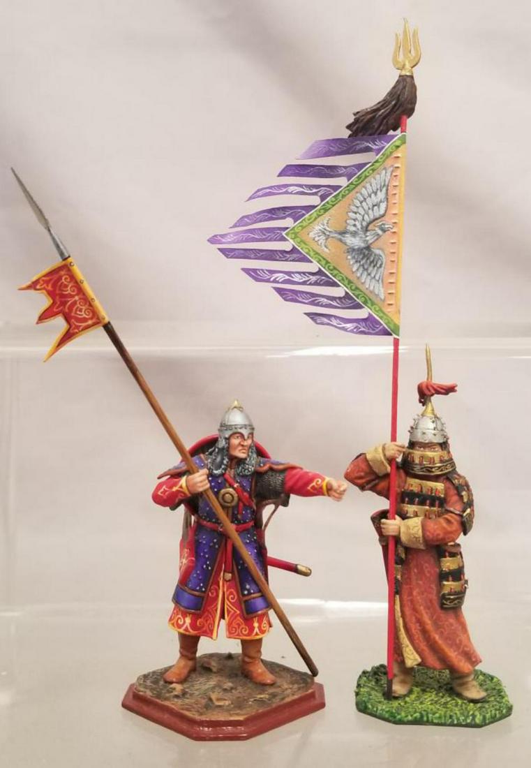 2 St Petersburg Mongolian Warriors: Includes a Grudsky 3157 Soldier with pennant; Arsenev 019 Soldier with Banner. They are wonderfully hand-painted and signed underneath.