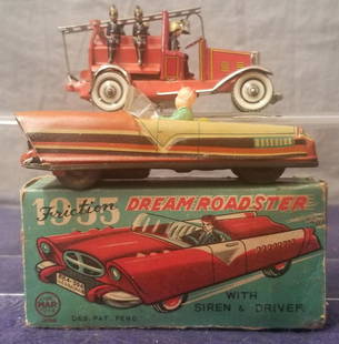 2 Tin Toy Vehicles: includes a 4 1/2" Georg Fischer Fire Ladder Truck with functional mechanism with key, Like New; Boxed Mar Line 1953 Dreamroadster, excellent shape with box. From The Jack & Maurice Manoil Family Colle