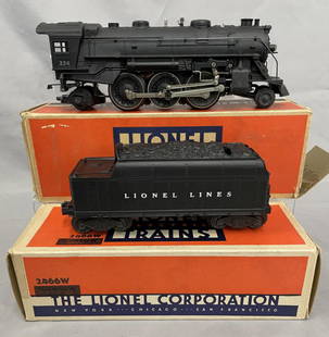 Super Boxed Lionel 224 Christmas Loco: 1945/6 Only. Includes a 224 steam loco, straight cab floor with black handrails; 2466W Tender with early F/S trucks, black boards shouldered axels, but no whirly wheels. They show test run with 