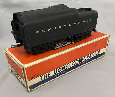 NMINT Boxed Lionel 2671W PRR Tender: 1950 with silver lettering and wrapped could coupler. Patina is unhandled with early test run wheels and a lightly worn box with insert.