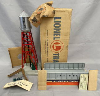 NMINT Boxed Lionel 193 & 314 Accessories: Includes a 193 Industrial Water Tower, bright silver with sight paint ring from insert, wires, instructions wrap & insert, lightly stained ob; 314 Girder Bridge, gray, Like new with inspection 